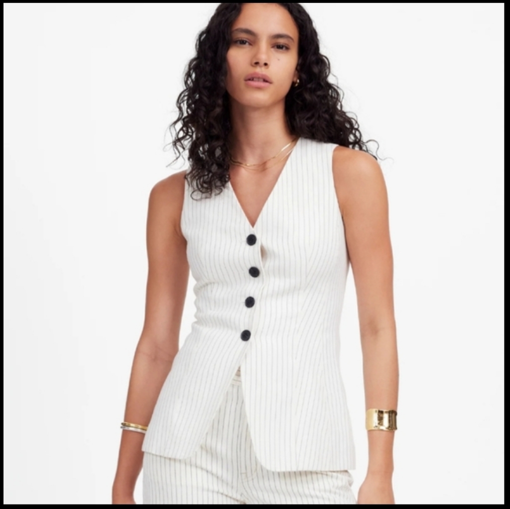 Madewell Pinstripe Linen Blend Cutaway Vest Nu475 Nwt Size 00